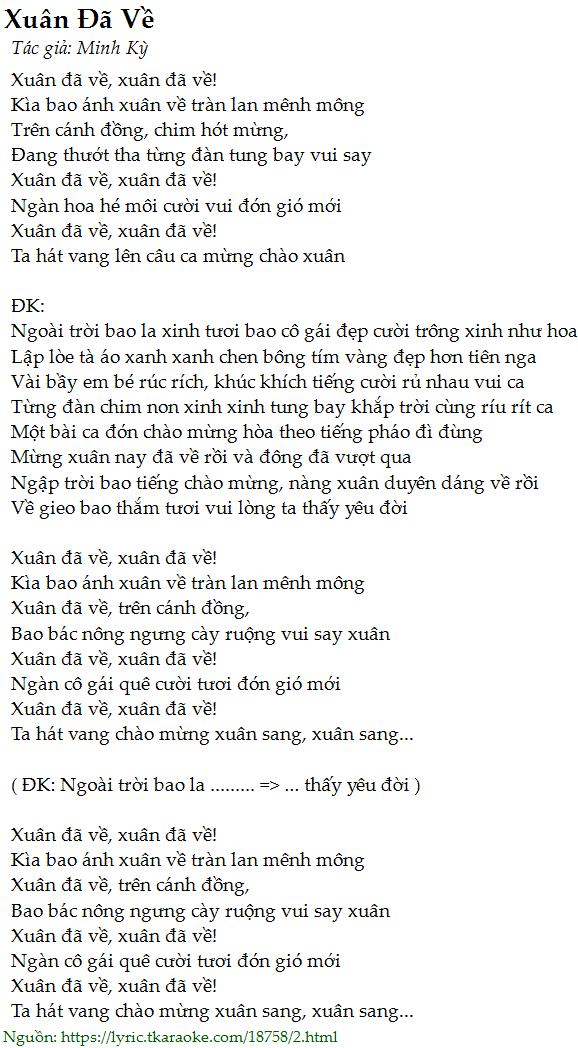 Loi bai hat Xuan Da Ve (Minh Ky) [co nhac nghe][Co Karaoke]
