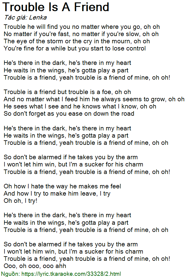 Lời bài hát Trouble Is A Friend (Lenka) [có nhạc nghe]