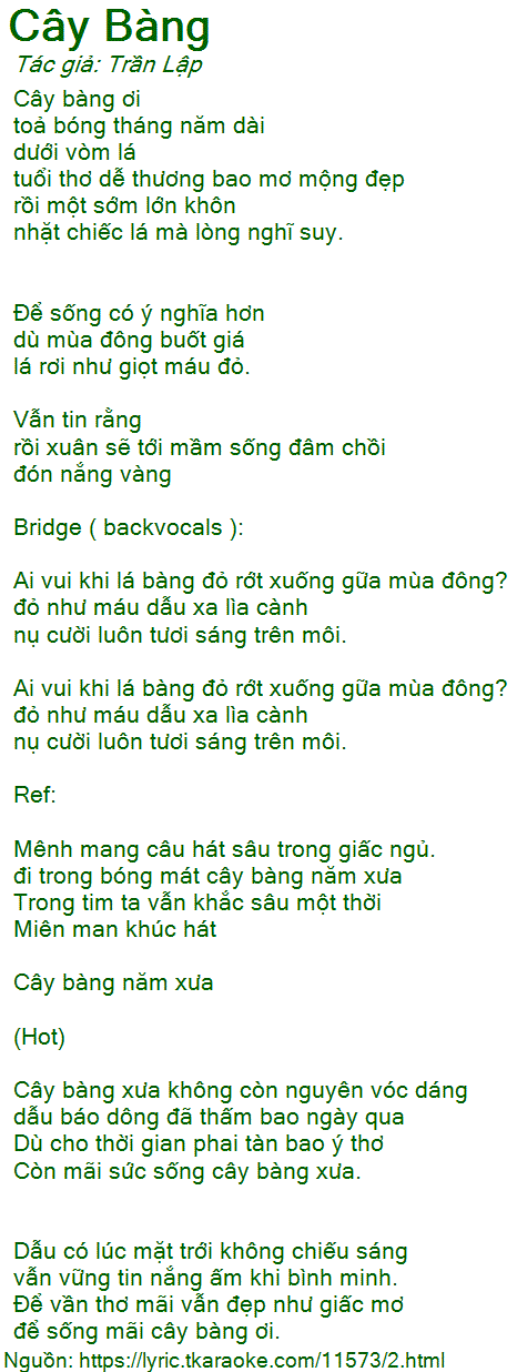 Loi bai hat Cay Bang (Tran Lap) [co nhac nghe]