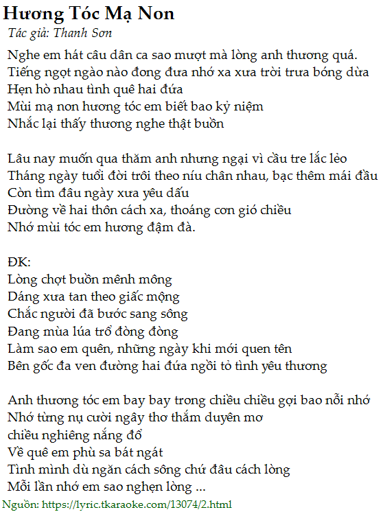 Lời bài hát Hương Tóc Mạ Non (Thanh Sơn) [có nhạc nghe][Có