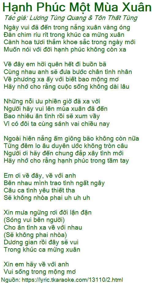 Lời Bai Hat Hạnh Phuc Một Mua Xuan Lương Tung Quang Ton Thất Tung Co Nhạc Nghe