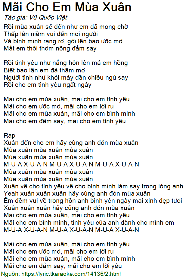 Lời bài hát Mãi Cho Mùa Xuân (Vũ Quốc Việt) [có nhạc Karaoke]