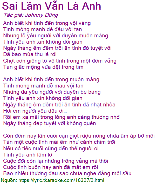 Loi Bai Hat Sai Lam Van La Anh Johnny Dung [co Nhac Nghe]