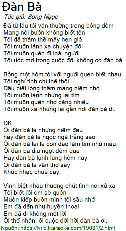 Loi bai hat Dan Ba (Song Ngoc) [co nhac nghe][Co Karaoke]