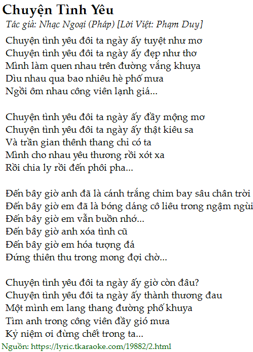 Loi bai hat Chuyen Tinh Yeu (Nhac Ngoai (Phap) [Loi Viet: Pham Duy
