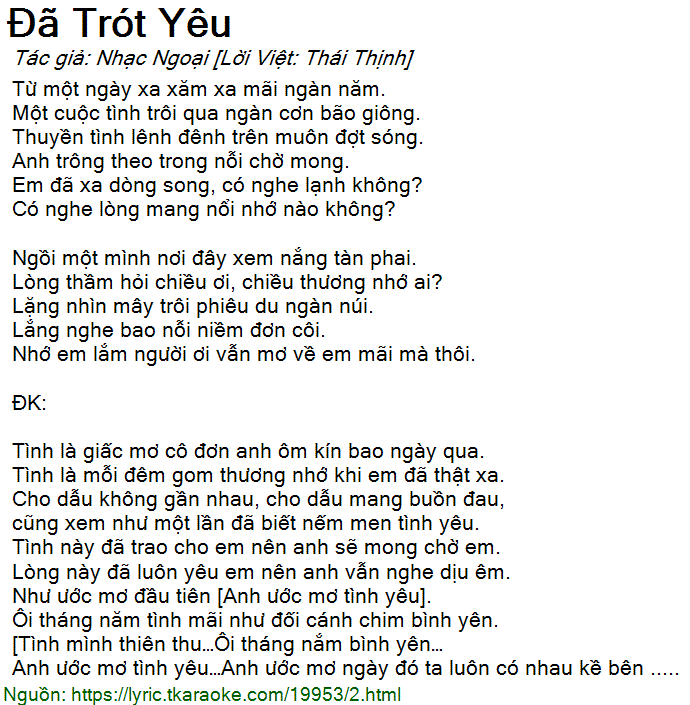 Lời Bai Hat đa Trot Yeu Nhạc Ngoại Lời Việt Thai Thịnh