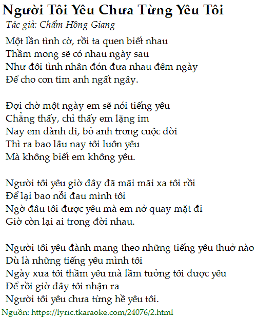 Loi Bai Hat Nguoi Toi Yeu Chua Tung Yeu Toi Cham Hong Giang [co Nhac