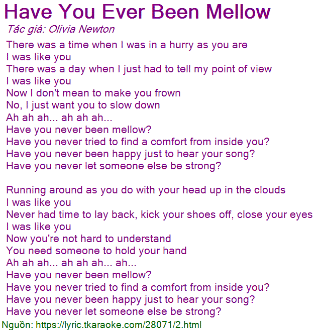 Lời Bai Hat Have You Ever Been Mellow Olivia Newton