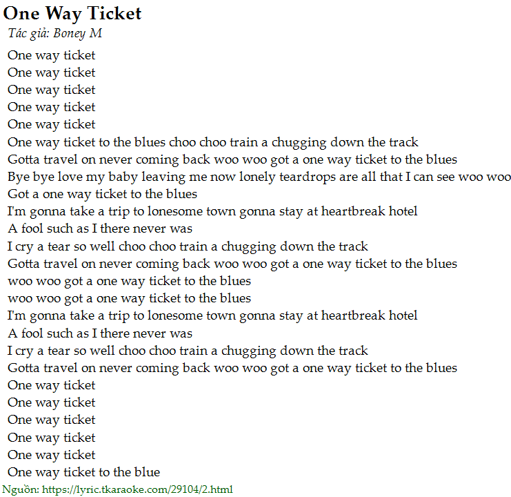Ван ван песня на английском. One way ticket слова. Песня one way ticket. Слова песни one way ticket. One way ticket текст на английском.