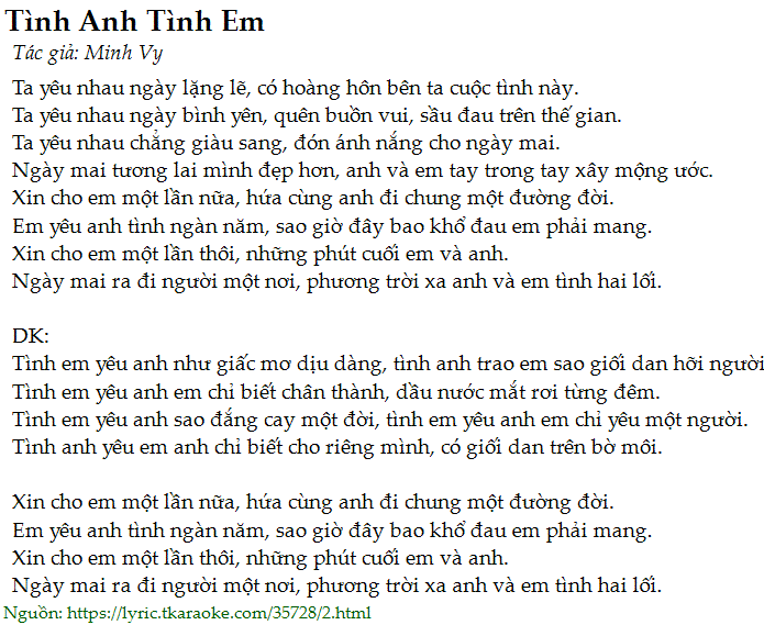 Loi bai hat Tinh Anh Tinh Em (Minh Vy) [co nhac nghe]