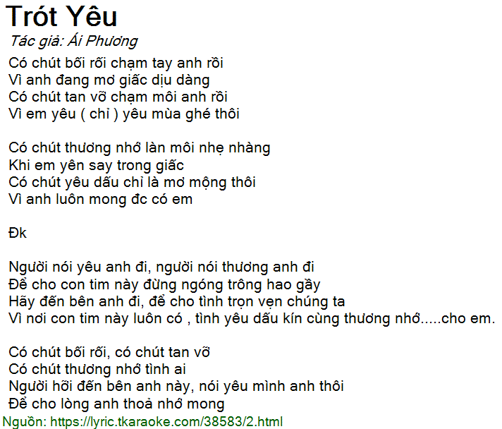 Lời Bai Hat Trot Yeu Ai Phương Co Nhạc Nghe