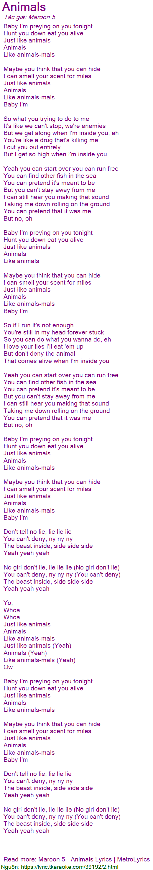 Loi bai hat Animals (Maroon 5) [co nhac nghe]