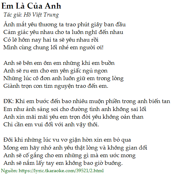 Loi Bai Hat Em La Cua Anh Ho Viet Trung [co Nhac Nghe]