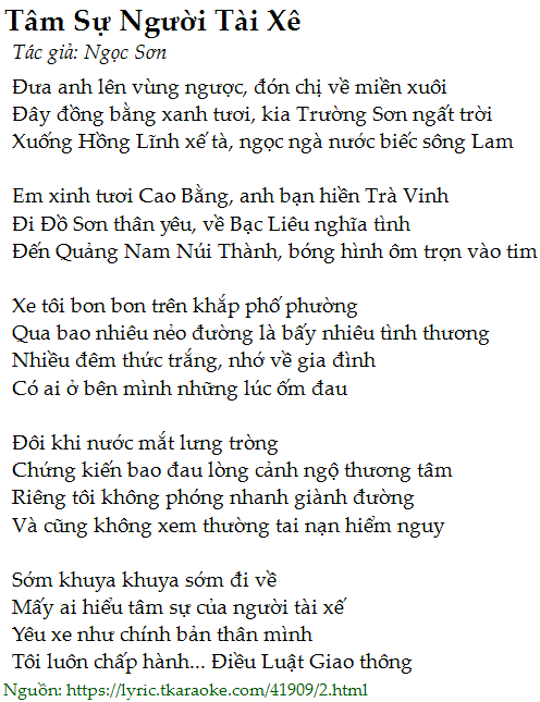 Loi bai hat Tam Su Nguoi Tai Xe (Ngoc Son)